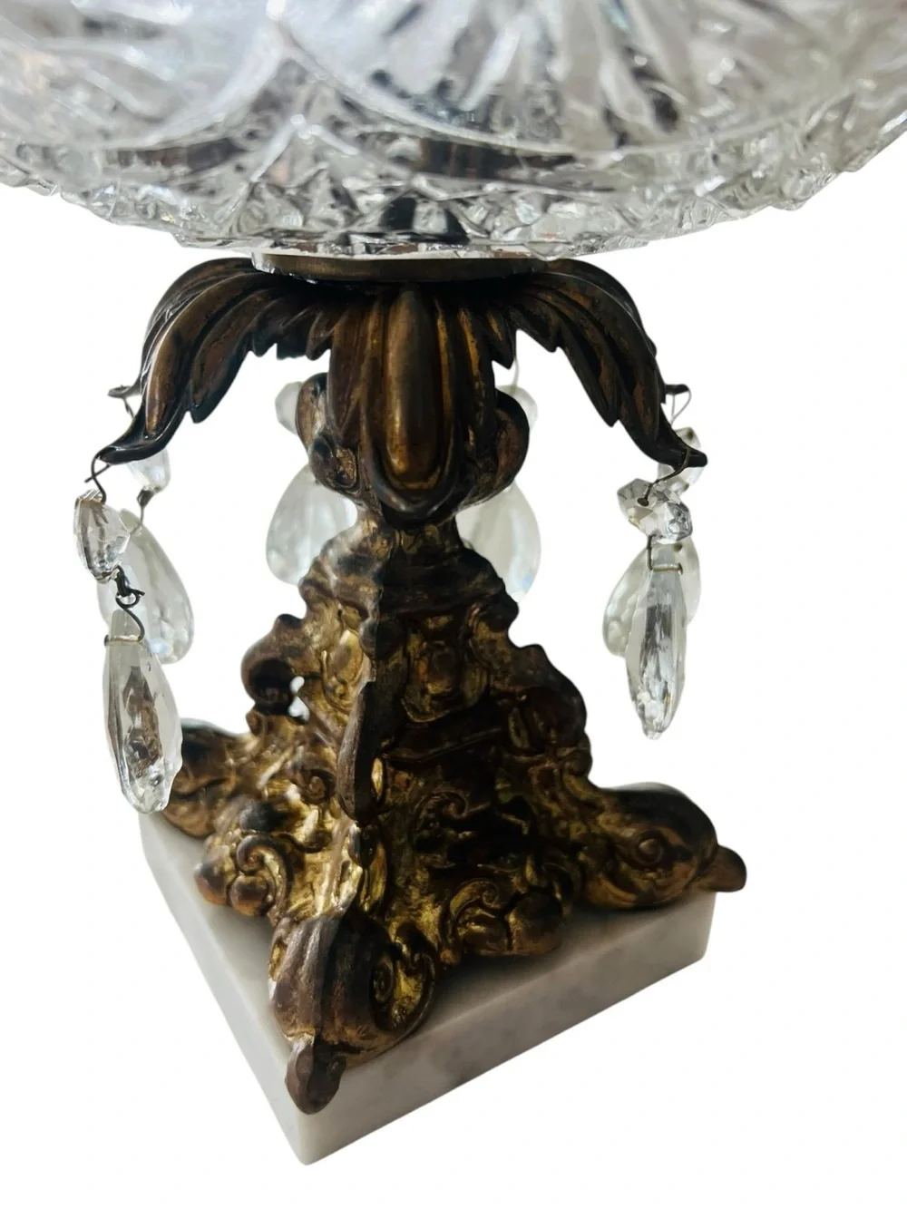 Vintage Italian Marble Crystal Compote Centerpiece Bowl Gilt Metal Prisms 10”